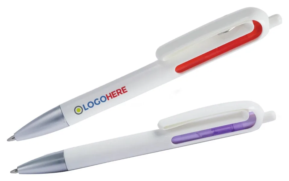 Stylo en plastique blanc avec sous-clip coloré — Réf. 20061