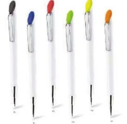 Stylo plastique blanc, clip large coloré — Réf. IMG-1178