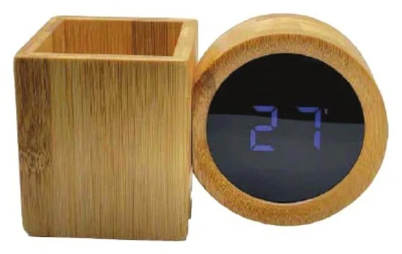 Pot à stylo bambou avec horloge LCD — Réf. IMG-22