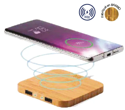 Chargeur à induction en bambou, 2 sorties USB — Réf. W123